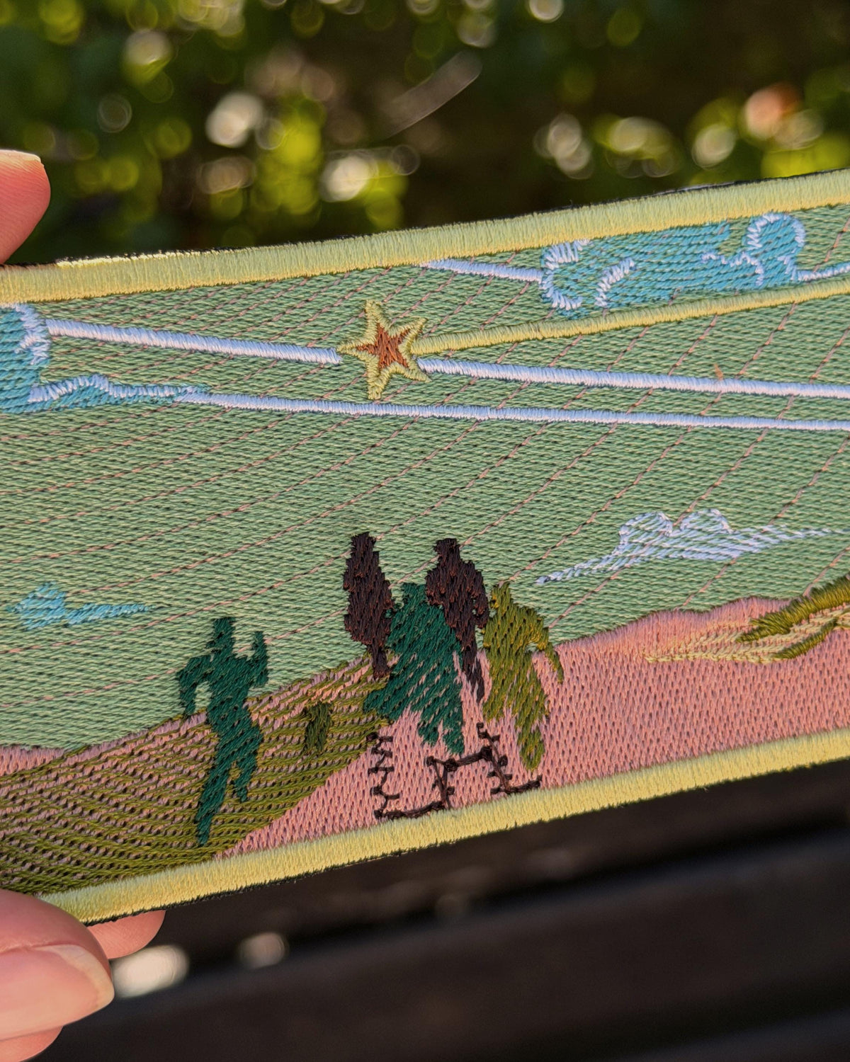 Surreal Landscape Embroidered Patch, Dreamy Twilight Scene, Walking Figures, Star (Sew-on)
