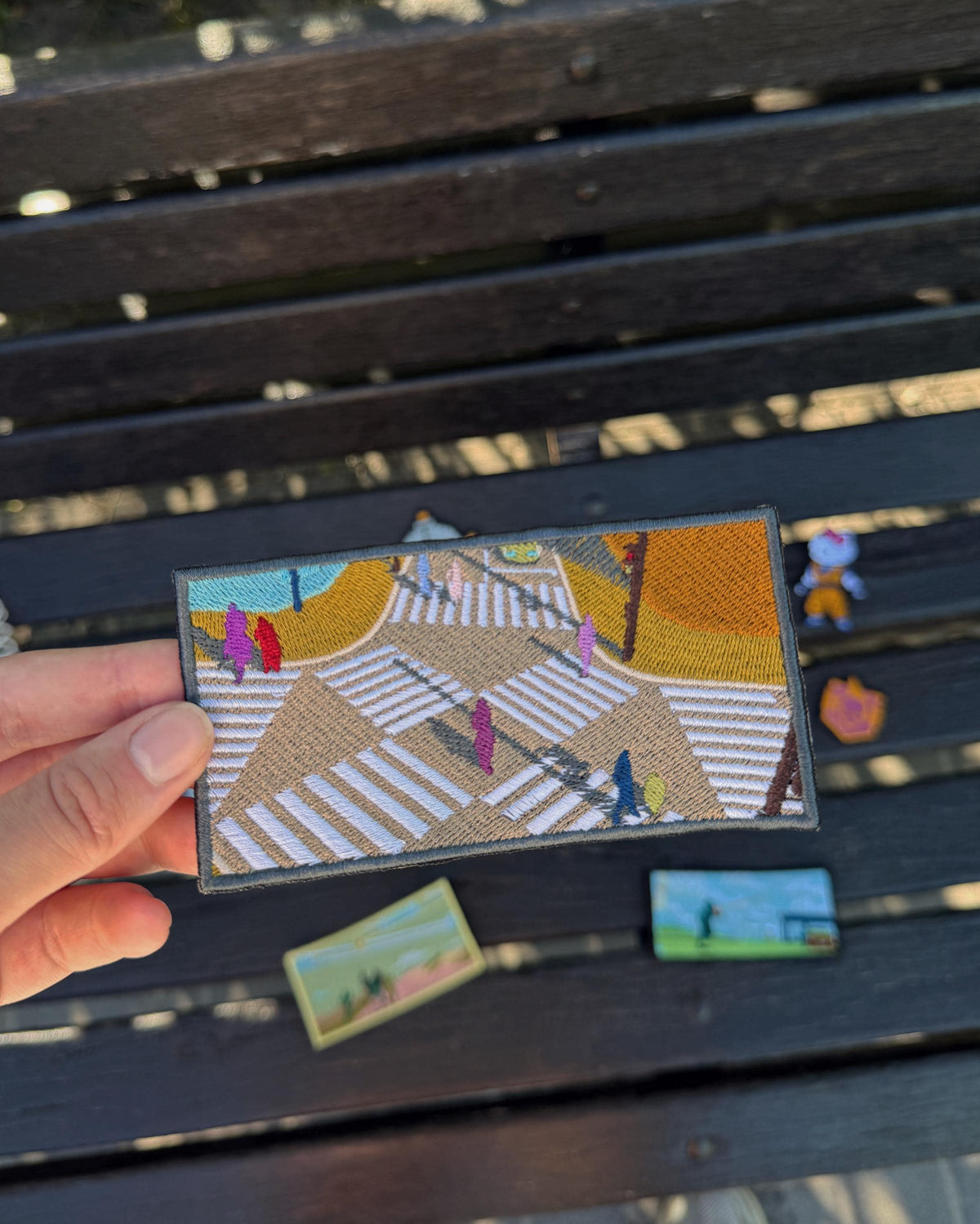 Aerial Crosswalk Embroidered Patch, Golden Hour City Intersection Art