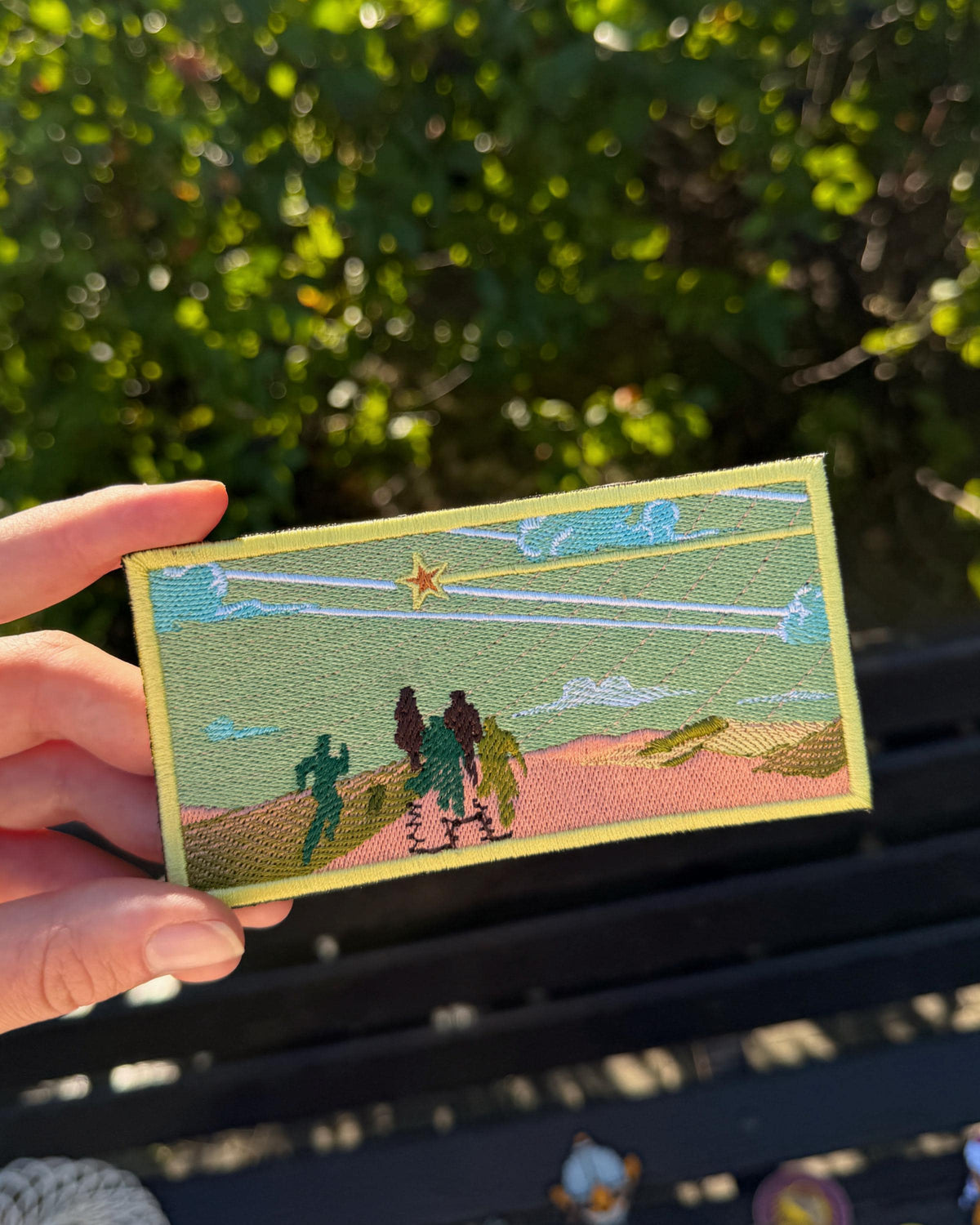 Surreal Landscape Embroidered Patch, Dreamy Twilight Scene, Walking Figures, Star (Sew-on)