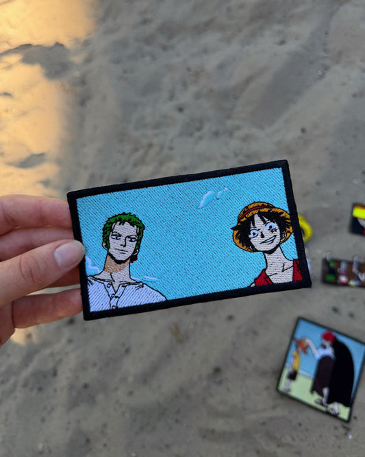 Anime Pirates Embroidered Patch, Green-Haired Swordsman & Straw Hat Captain, Blue Sky Scene